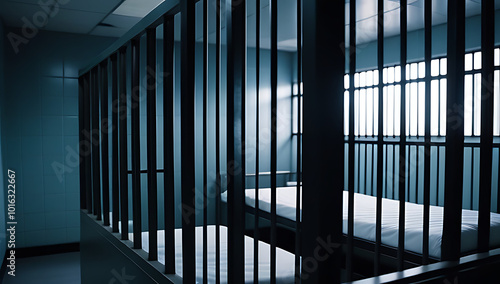 empty jail cell iron bars bed window secure isolated prison environment symbolizing law enforcement justice freedom