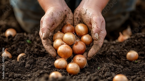 Close-up of farmer's hands holding onion sets ready to be planted in the soil.