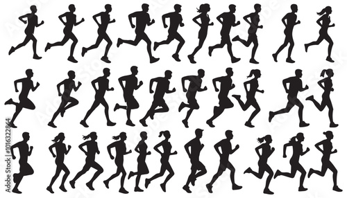 Running men and women, vector set of isolated silhouettes vector illustration black and white art