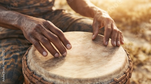 Close-up of hands playing a djembe drum. Detailed wood texture and taut drum skin, rich natural colors photo