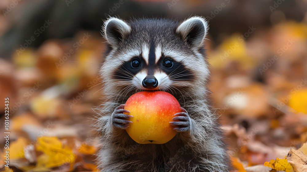 A charming photograph of a cute raccoon happily eating apples in a vibrant apple orchard, surrounded by lush greenery and colorful fruit trees. The raccoon’s playful demeanor adds a delightful touch t A charming photograph of a cute raccoon happily eating apples in a vibrant apple orchard, surrounded by lush greenery and colorful fruit trees. The raccoon’s playful demeanor adds a delightful touch t