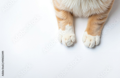 Soft paws of an orange and white cat resting on a clean surface in a cozy home setting