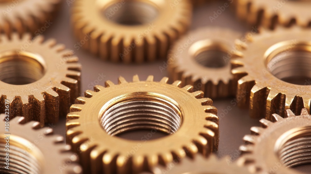 A close-up of shiny golden gears, showcasing intricate details and textures in a mechanical arrangement. A close-up of shiny golden gears, showcasing intricate details and textures in a mechanical arrangement.