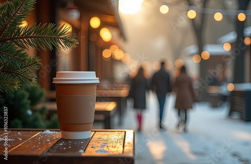 Warm coffee cup on a wooden table with winter pedestrians strolling through a quaint street photo