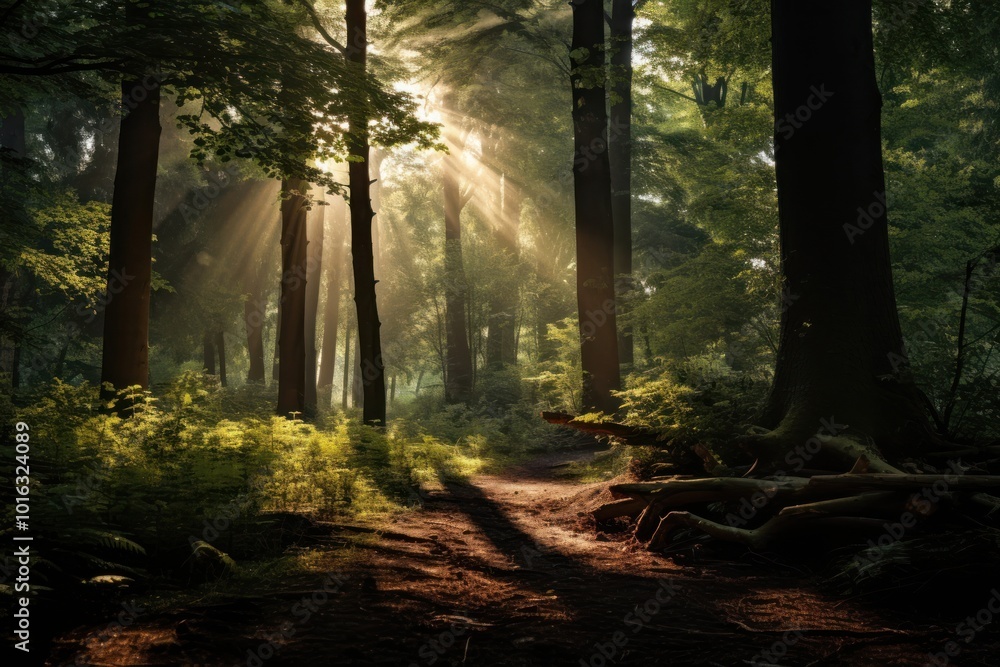 Fototapeta premium Sunlight forest woodland outdoors.