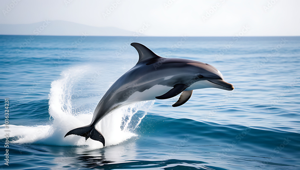 Fototapeta premium jumping dolphin isolated white playful sea creature leaping water showcasing lively marine nature