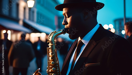 man playing saxophone street creating jazz music saxophonist performing live blues concert