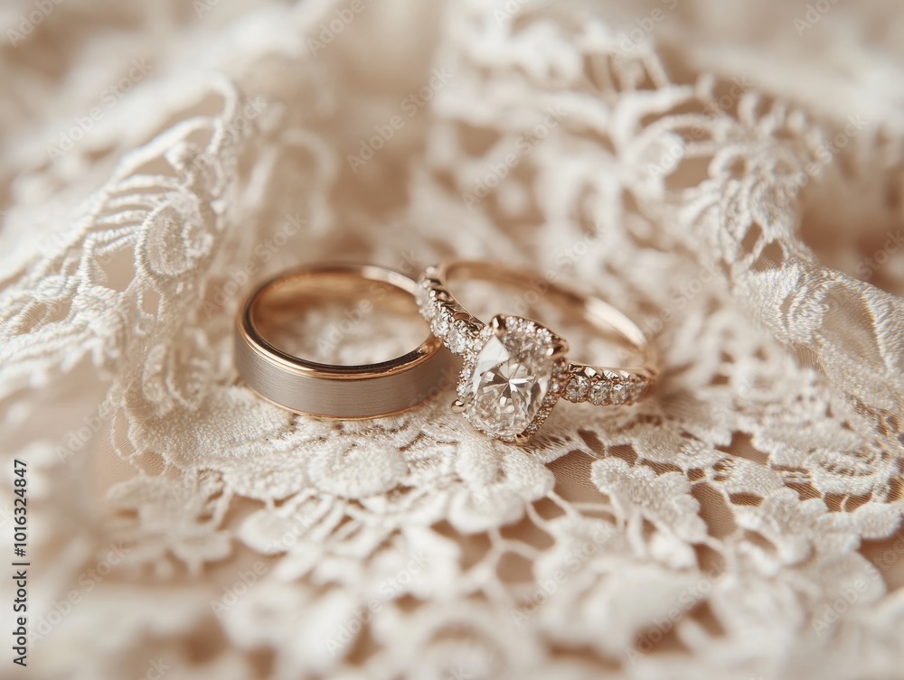 2408 9.A romantic close-up of a wedding ring set placed on a delicate lace fabric, highlighting the intricate patterns on both the rings and the surrounding material. The rings’ fine detailing is 2408 9.A romantic close-up of a wedding ring set placed on a delicate lace fabric, highlighting the intricate patterns on both the rings and the surrounding material. The rings’ fine detailing is