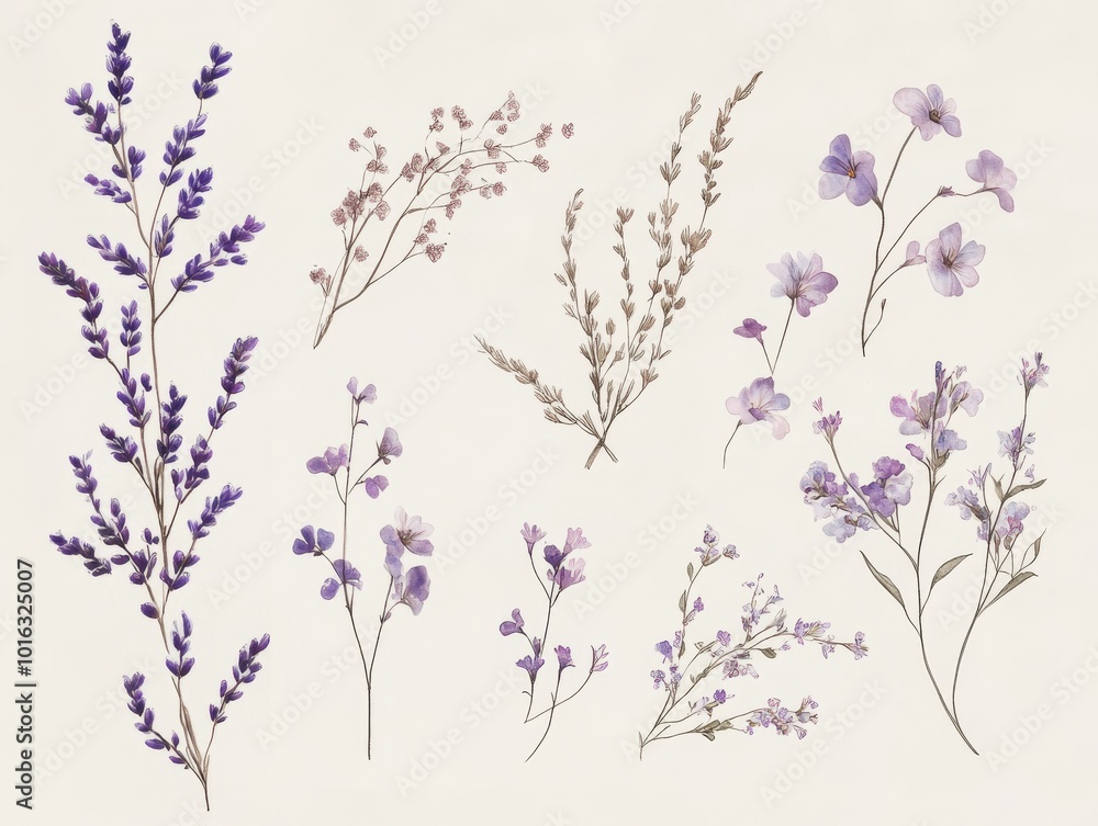 2408 16.A delicate set of lavender calligraphic design elements, featuring wildflowers and flowing branches. The floral elements are arranged into graceful frames, perfect for creating a romantic and 2408 16.A delicate set of lavender calligraphic design elements, featuring wildflowers and flowing branches. The floral elements are arranged into graceful frames, perfect for creating a romantic and