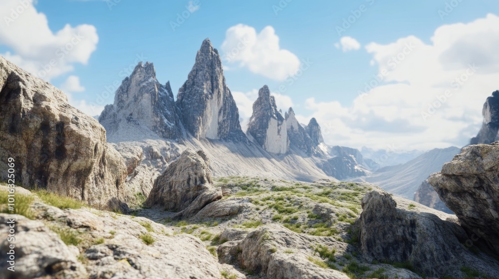 Fototapeta premium A scenic mountain landscape with rocky formations and lush greenery under a blue sky.