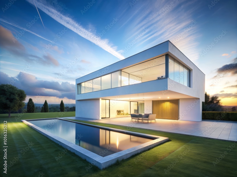Sleek, minimalist white house design with large windows, highlighting modern architectural aesthetics and enhanced by stunning long exposure Sleek, minimalist white house design with large windows, highlighting modern architectural aesthetics and enhanced by stunning long exposure