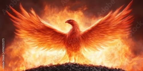 Majestic phoenix rising from ashes in fiery flames, symbolizing rebirth and immortality. Perfect for themes of transformation and renewal. photo