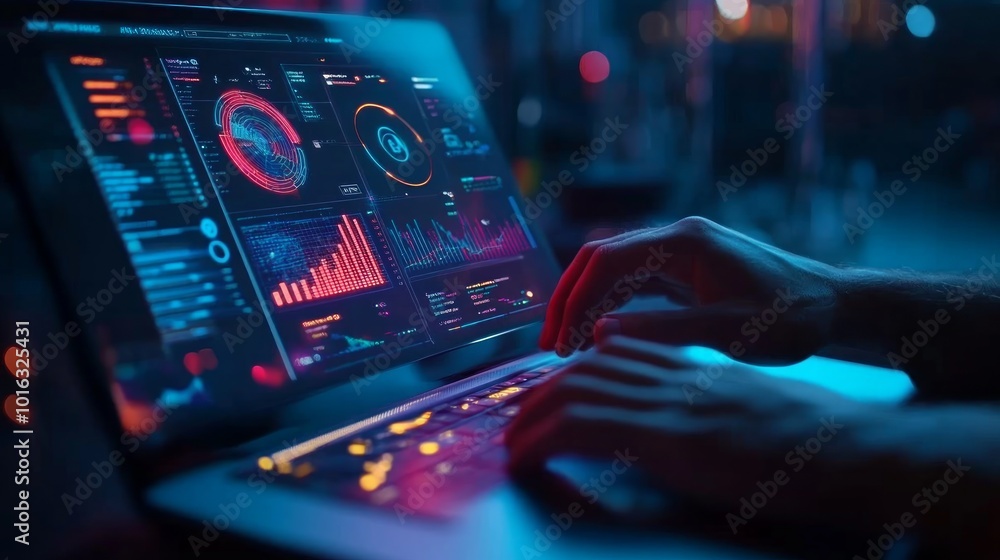 Close-up of hands typing on a laptop with a screen displaying graphs and charts, glowing in neon light. Close-up of hands typing on a laptop with a screen displaying graphs and charts, glowing in neon light.