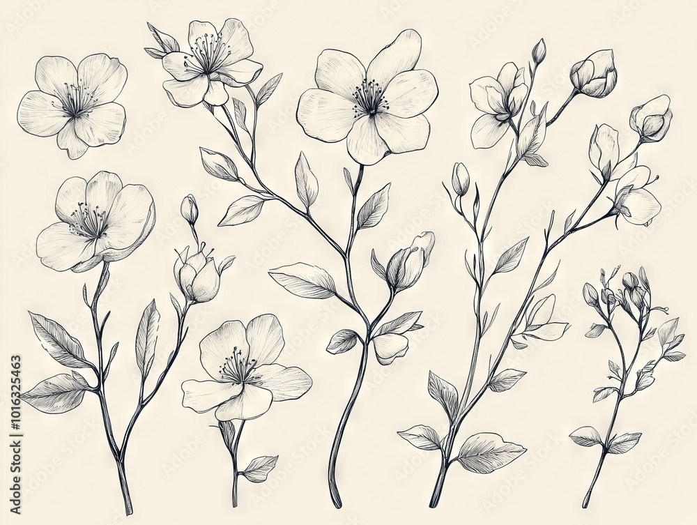2408 23.A chic set of trendy botanical elements, featuring graceful branches and blooming flowers in fine line art. The hand-drawn quality of the illustrations gives them a sophisticated and modern
