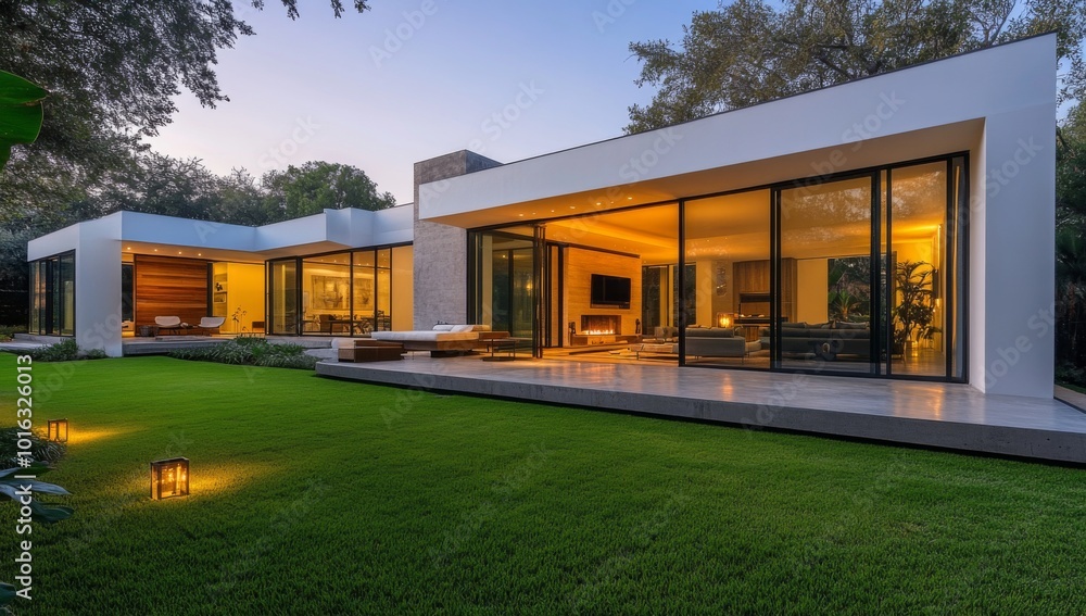 Modern home with large windows and a patio overlooking a green lawn. Modern home with large windows and a patio overlooking a green lawn.