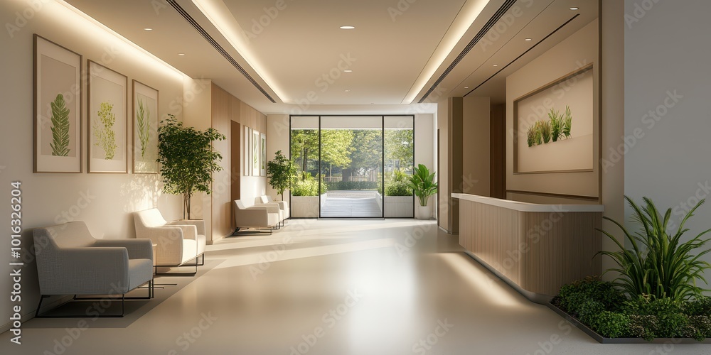 Fototapeta premium Modern and serene interior hallway featuring natural light, greenery, and elegant art pieces, perfect for contemporary design.