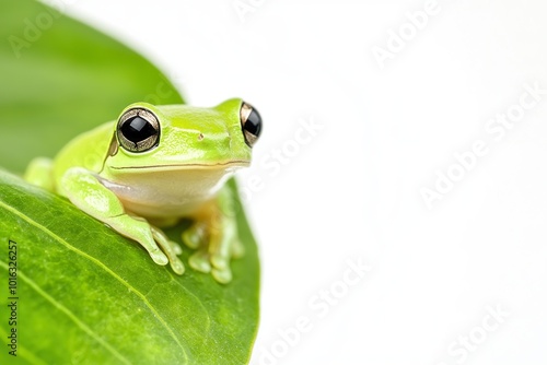 A vibrant green tree frog with bright eyes peeking from a leaf on white background