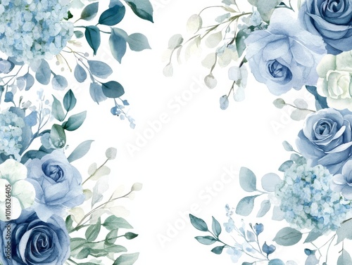 Fototapeta Naklejka Na Ścianę i Meble -  2408 38.A romantic collection of dusty blue flowers and eucalyptus branches, rendered in soft watercolor and framed in elegant vector borders. The design highlights hand-painted roses and hydrangeas,