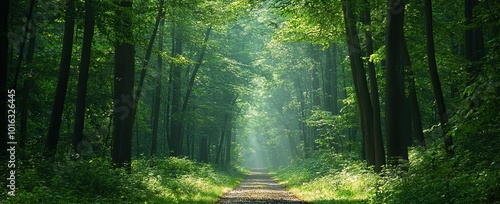 Sunlight filters through tall trees illuminating a tranquil forest path into nature's