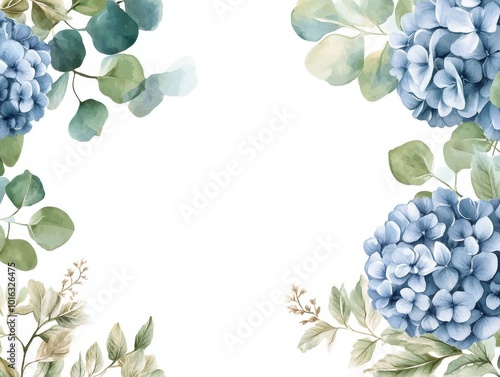 Fototapeta Naklejka Na Ścianę i Meble -  2408 39.A sophisticated wedding invitation design featuring dusty blue hydrangeas and lush eucalyptus, all arranged in a graceful vector frame. The watercolor flowers and greenery are hand-painted