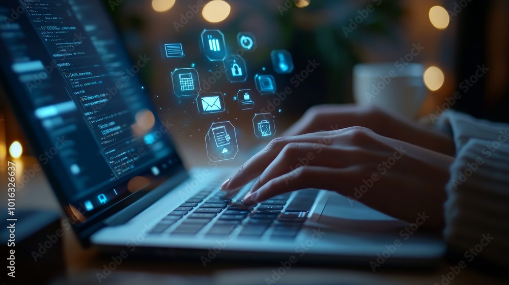Close-up of hands typing on laptop keyboard with glowing digital icons around them. Close-up of hands typing on laptop keyboard with glowing digital icons around them.