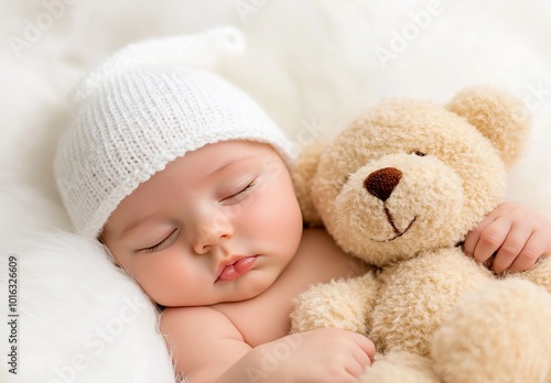 A calm newborn baby napping peacefully with a teddy bear companion