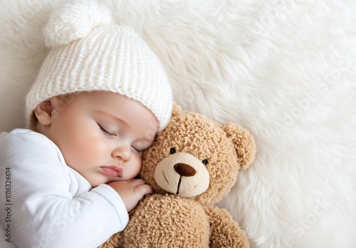Newborn baby peacefully sleeps beside their soft and cuddly teddy bear