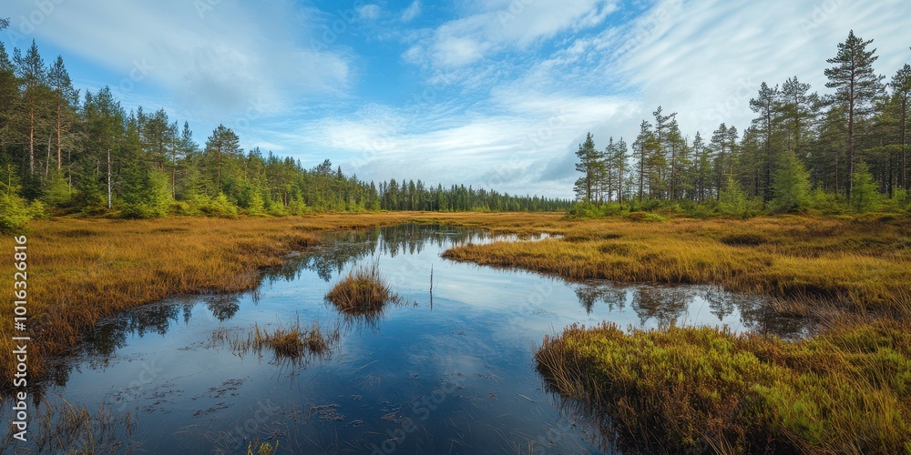 Scenic view of a tranquil wetland with clear water reflecting the sky and surrounded by lush green trees and golden grasses. Scenic view of a tranquil wetland with clear water reflecting the sky and surrounded by lush green trees and golden grasses.