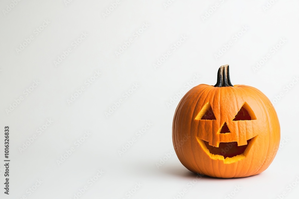 A carved pumpkin with a jackolantern face sits isolated on a white background A carved pumpkin with a jackolantern face sits isolated on a white background