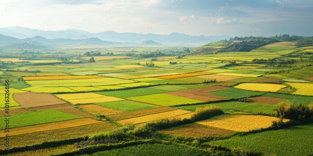 Fototapeta premium Scenic view of green and golden fields under a dramatic sky, showcasing the beauty of nature's agricultural landscape.