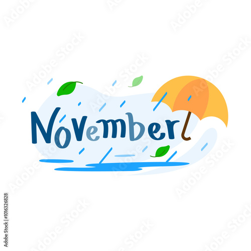 Illustration featuring Welcome November text with raindrop visuals, representing the onset of the rainy season. Ideal for autumn themed projects, seasonal promotion, greeting card, or digital content