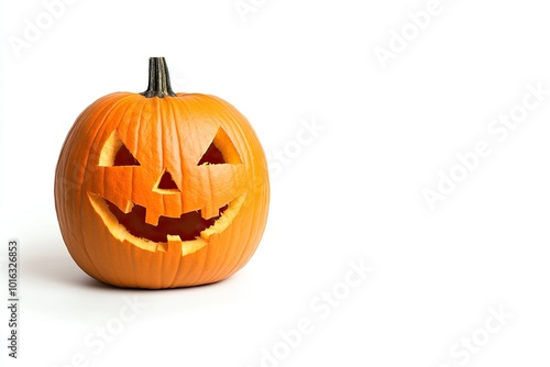 Halloween pumpkin with a carved jackolantern face displayed on a white background