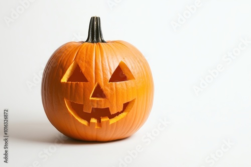 Halloween pumpkin with a carved jackolantern face displayed on a white background