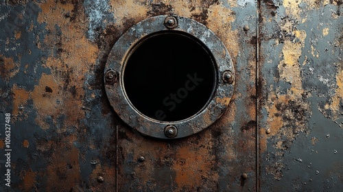 A close-up of a rusted, textured metal hatch with bolts on a weathered blue surface with peeling paint