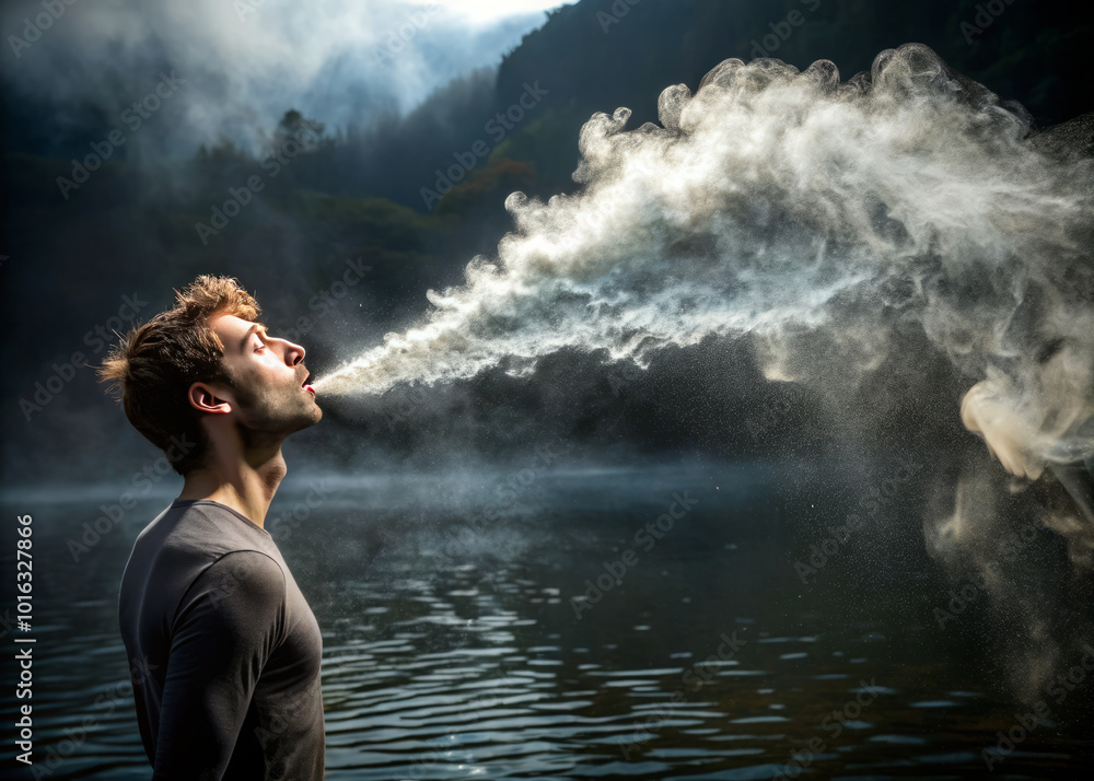 person exhales cloud of smoke over serene lake, surrounded by misty mountains. scene captures moment of tranquility and reflection in nature person exhales cloud of smoke over serene lake, surrounded by misty mountains. scene captures moment of tranquility and reflection in nature