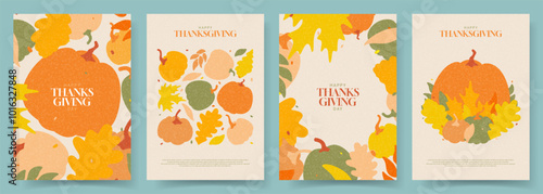 Happy Thanksgiving Day posters. Trendy Thanksgiving Day posters with pumpkins and fall foliage - horizontal background perfect for social media, greeting cards, promotion and advertising.