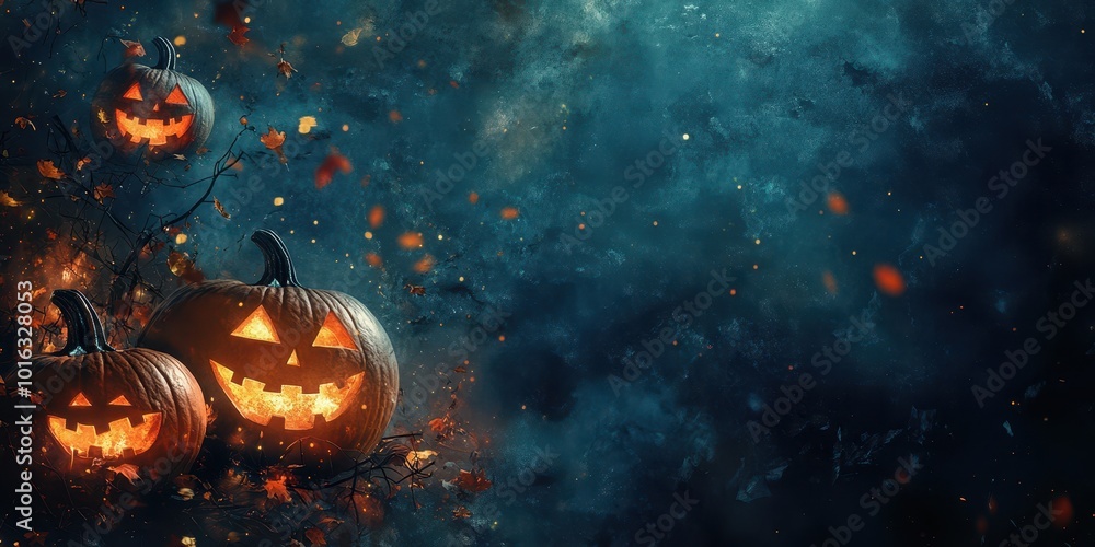 Naklejka premium Spooky Halloween pumpkins glowing in the night, surrounded by dark mist and colorful autumn leaves, perfect for seasonal decoration.