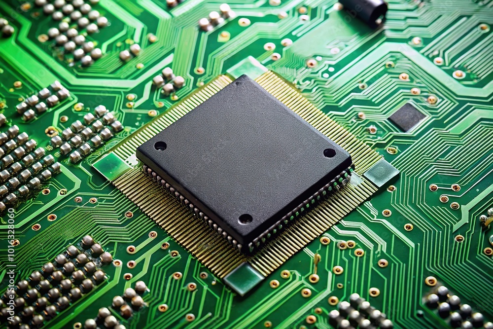 microchip on green printed circuit board Asymmetrical microchip on green printed circuit board Asymmetrical