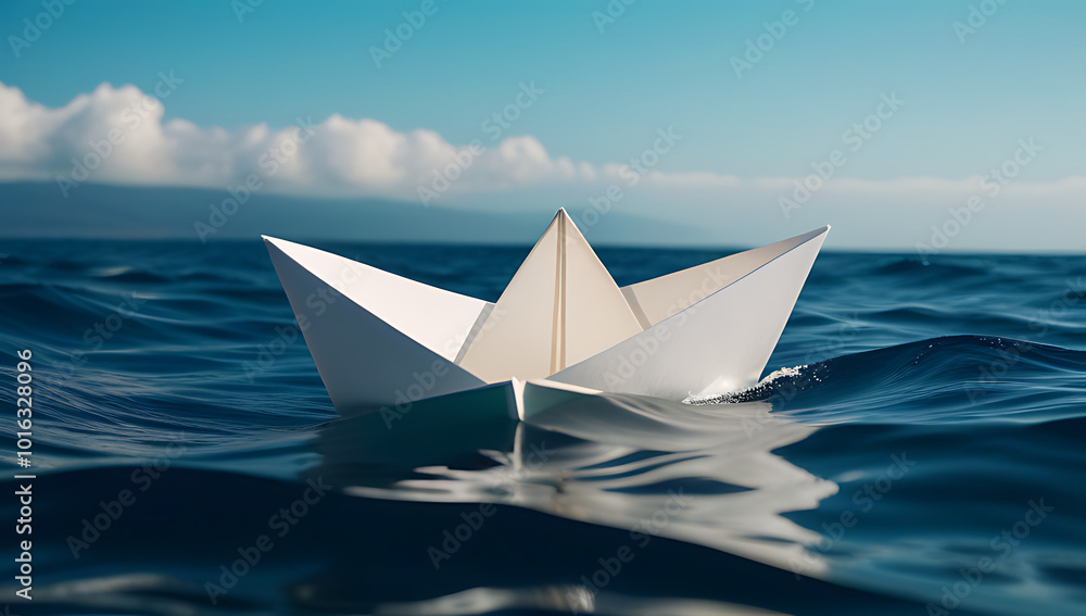 white paper boat floating ocean representing adventure hope resilience sails waves white paper boat floating ocean representing adventure hope resilience sails waves
