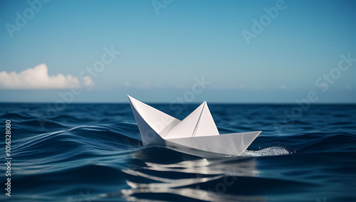 white paper boat floating ocean representing adventure hope resilience sails waves