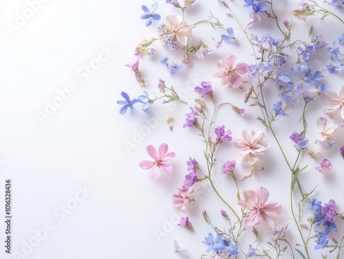 2408 80.A close-up macro shot of tiny wildflowers with soft pastel hues, their petals delicately arranged to create a whimsical border design. The flowers rest gently against a white background, photo