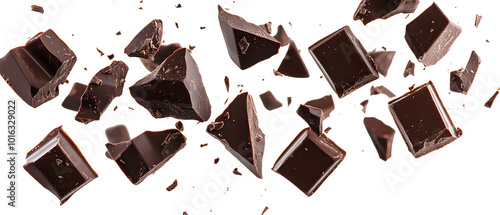 Pieces of dark chocolate falling close up on a white background, generative ai