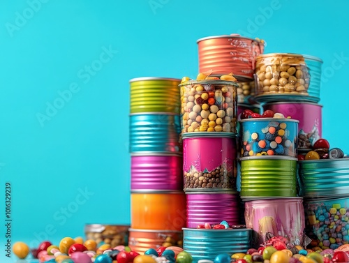 A creative pyramid display of colorful food cans surrounded by a playful scattering of candies, symbolizing abundance and joy in a modern setup. photo