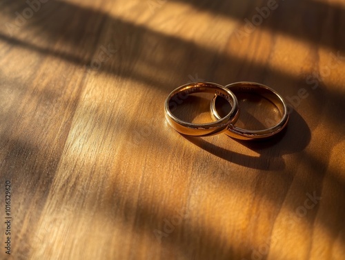 2408 117.A beautifully composed shot of two gold wedding rings, each engraved with dates, resting on a smooth wooden surface. The rings are intertwined, casting soft shadows that enhance the photo