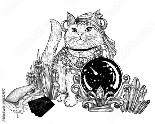 Vector illustration of a fortune teller cat with a magic ball, frog, cards and crystals in engraving style