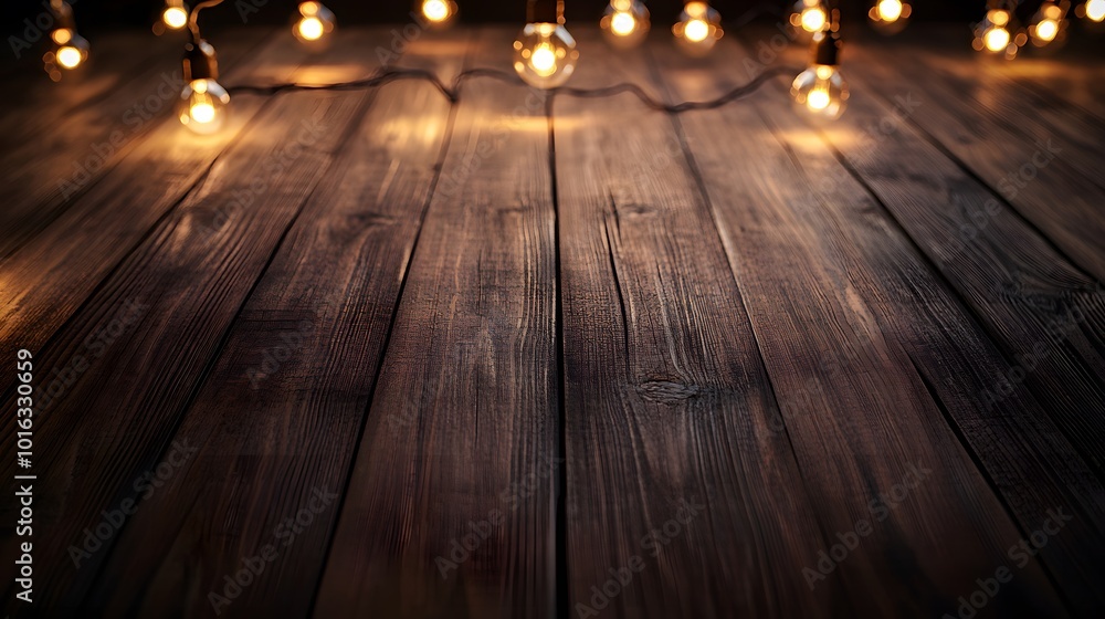 Wooden Tabletop with String of Blurred Lights Wooden Tabletop with String of Blurred Lights