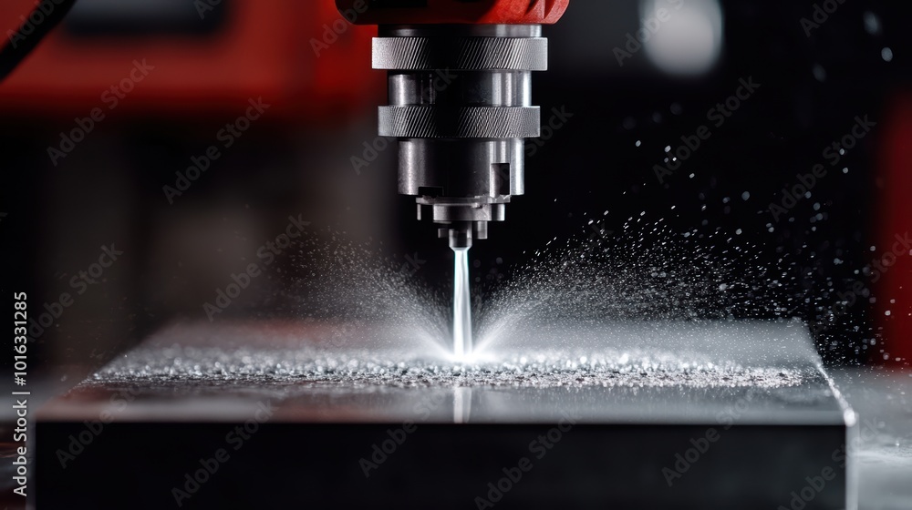 Precision Drilling: Metalworking Process Close-up, sewing machine Precision Drilling: Metalworking Process Close-up, sewing machine