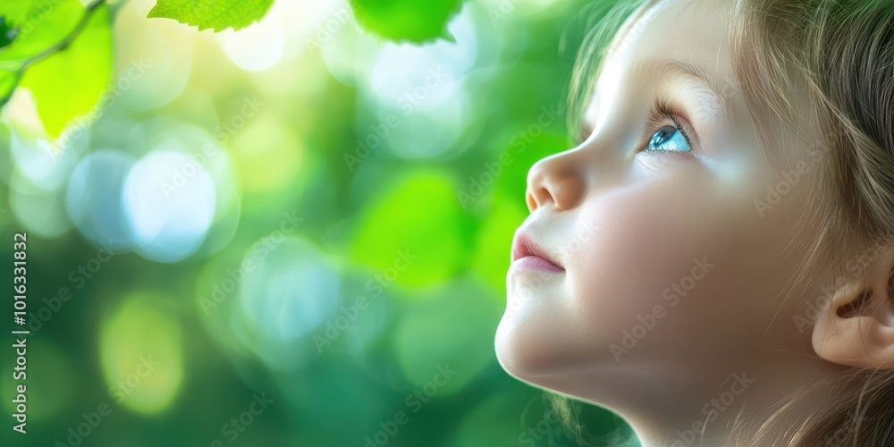 A curious child gazing up at vibrant green leaves, capturing the essence of wonder and nature in a serene setting. A curious child gazing up at vibrant green leaves, capturing the essence of wonder and nature in a serene setting.