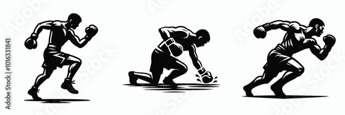 Three dynamic silhouettes of boxers showcase various fighting stances and actions, emphasizing athleticism and the sport's intensity.