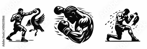 The image features three boxing illustrations, including a boxer, a swan, and a stylized punch, highlighting strength and motion in a dynamic style.